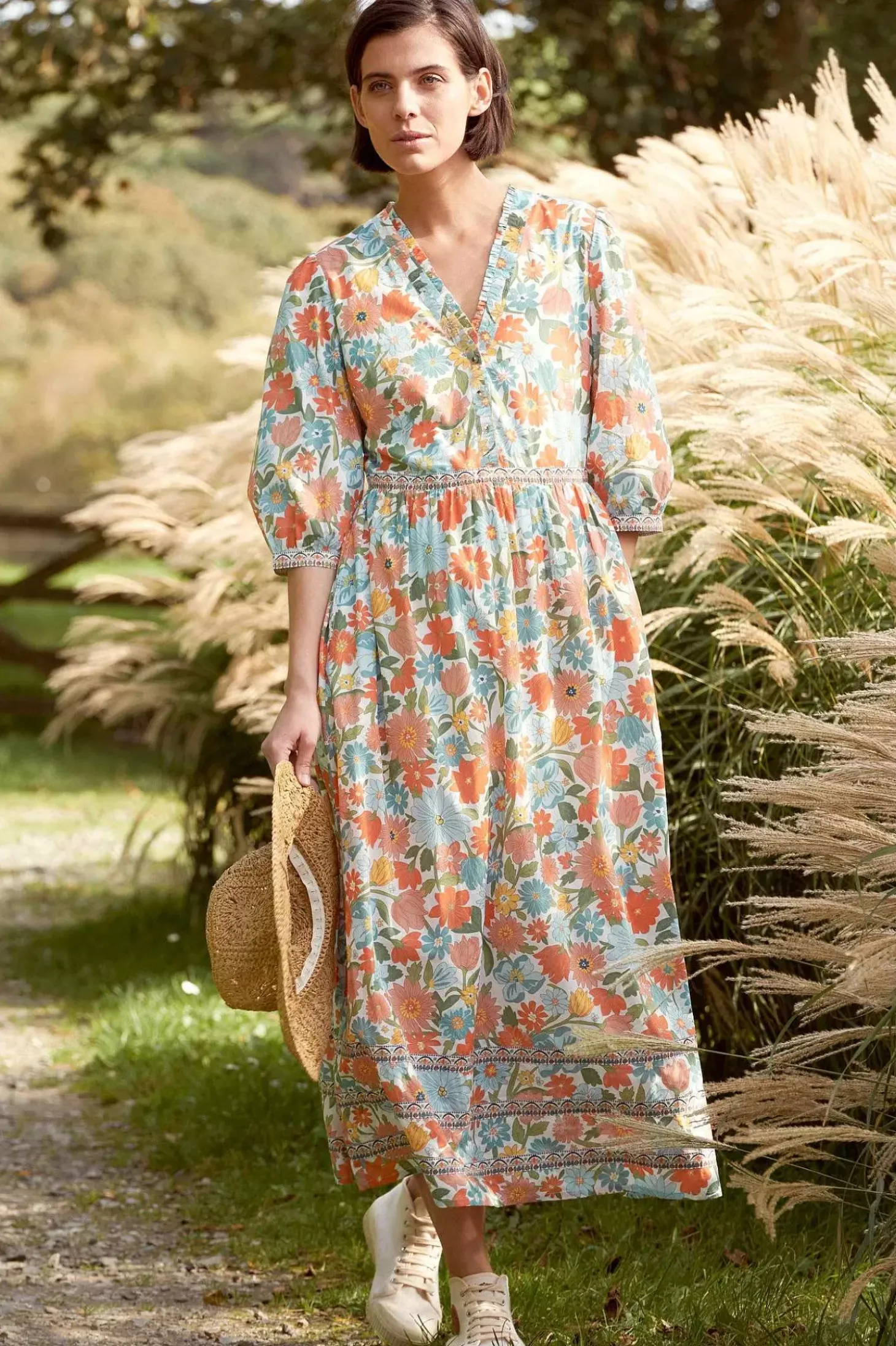 Blue Hills Border V-Neck Floral Dress