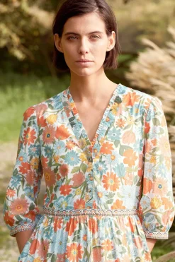 Blue Hills Border V-Neck Floral Dress
