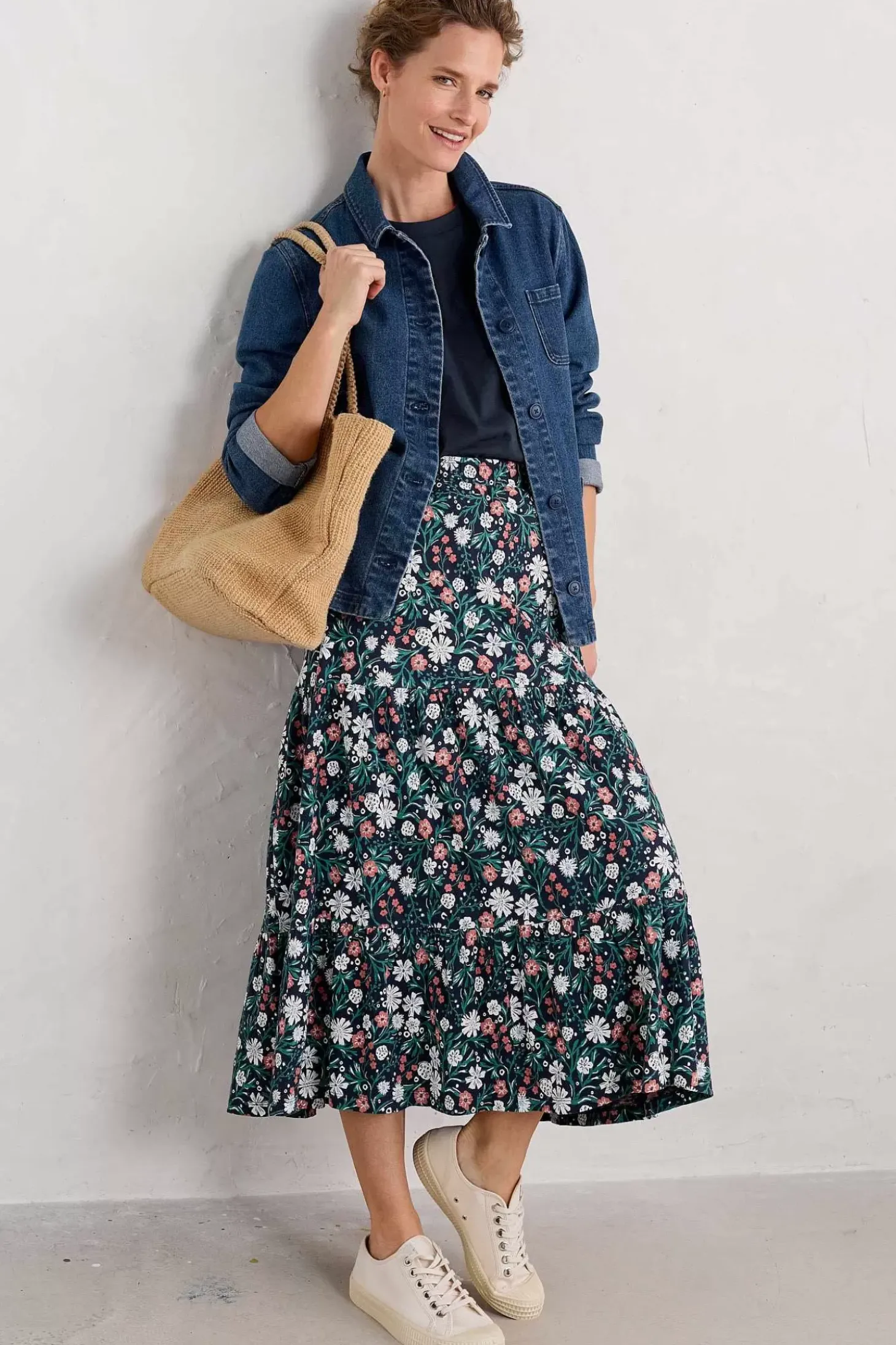 Line Strokes Tiered Midi Skirt